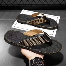 Load image into Gallery viewer, Oluna Home Men’s Stylish Black &amp; Golden Flip-Flop Slippers
