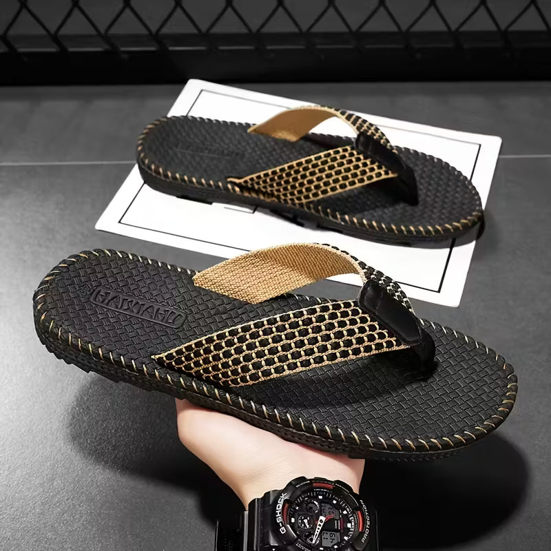 Oluna Home Men’s Stylish Black & Golden Flip-Flop Slippers Black
