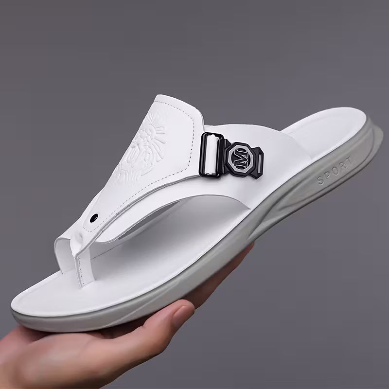 White Oluna Home Men’s Lion Carved Casual Slippers – Summer Street Style