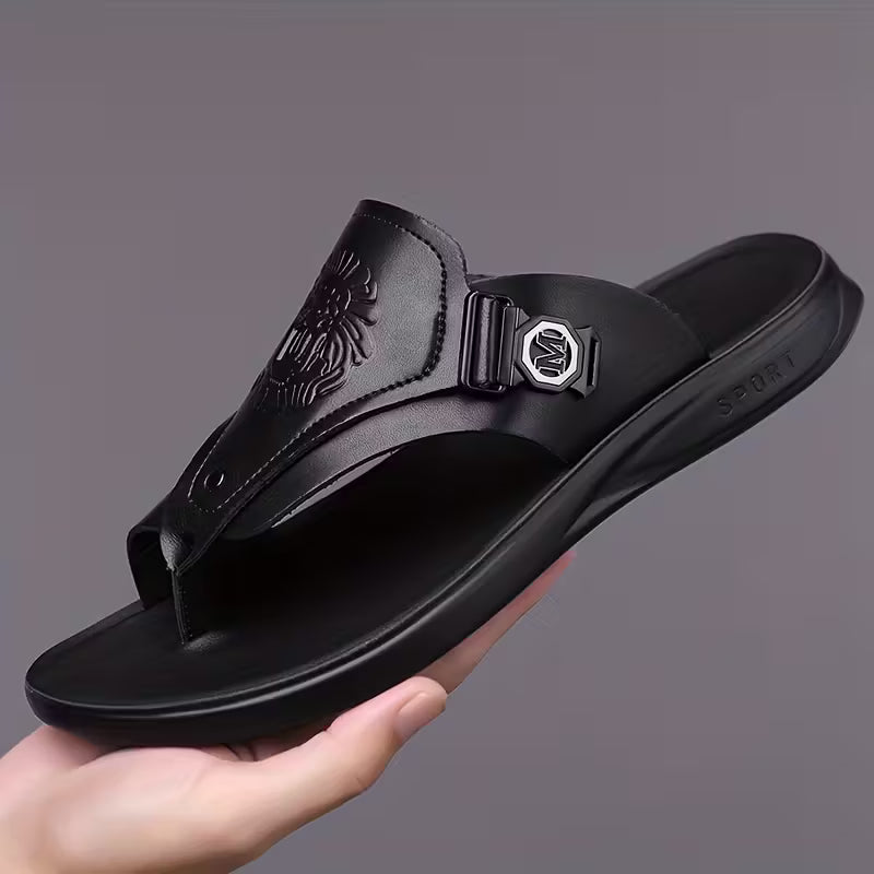 Black Oluna Home Men’s Lion Carved Casual Slippers – Summer Street Style