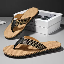 Load image into Gallery viewer, Oluna Home Men’s Stylish Black &amp; Golden Flip-Flop Slippers
