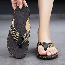 Load image into Gallery viewer, Oluna Home Men’s Stylish Black &amp; Golden Flip-Flop Slippers
